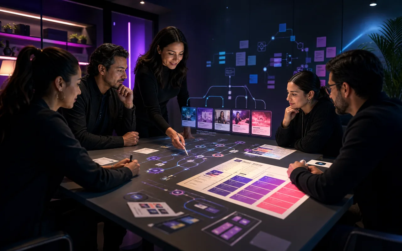Sesión ejecutiva de consultoría digital con visualización de estrategia y datos