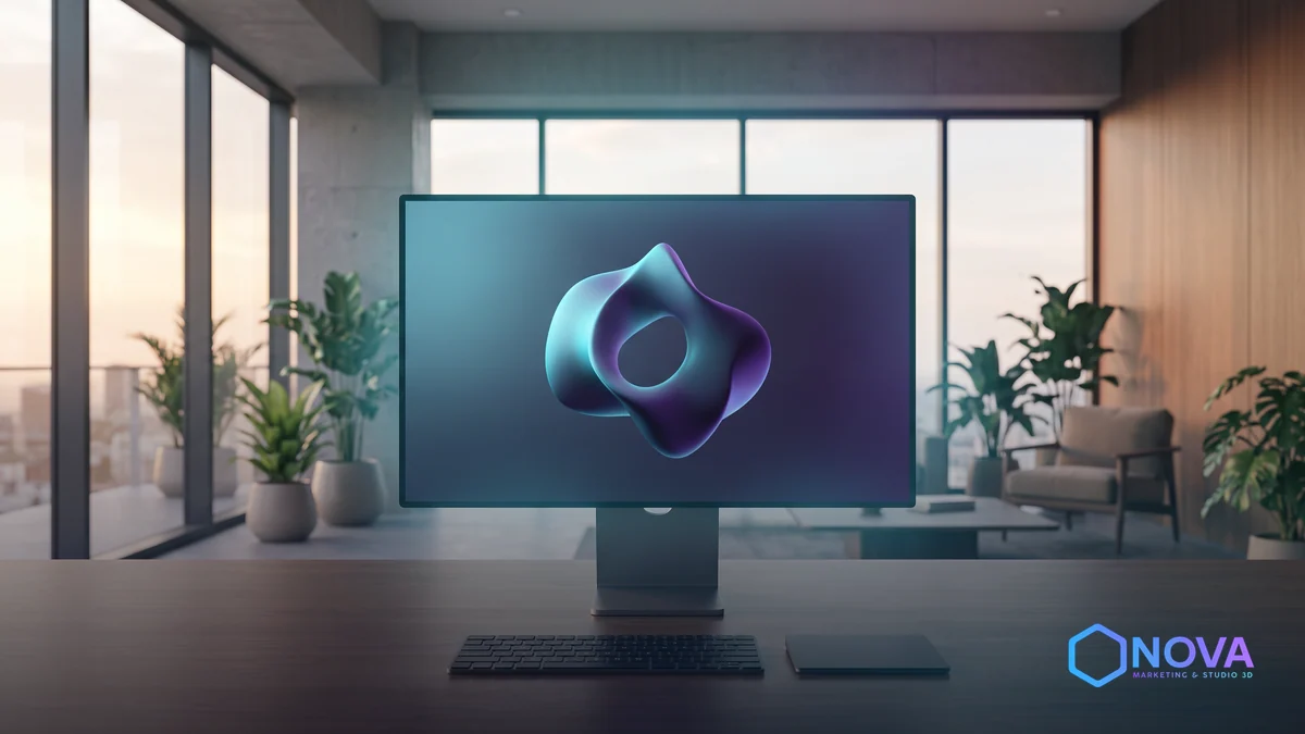 Pantalla de computadora moderna mostrando un diseño tridimensional fluido en una oficina elegante y minimalista.