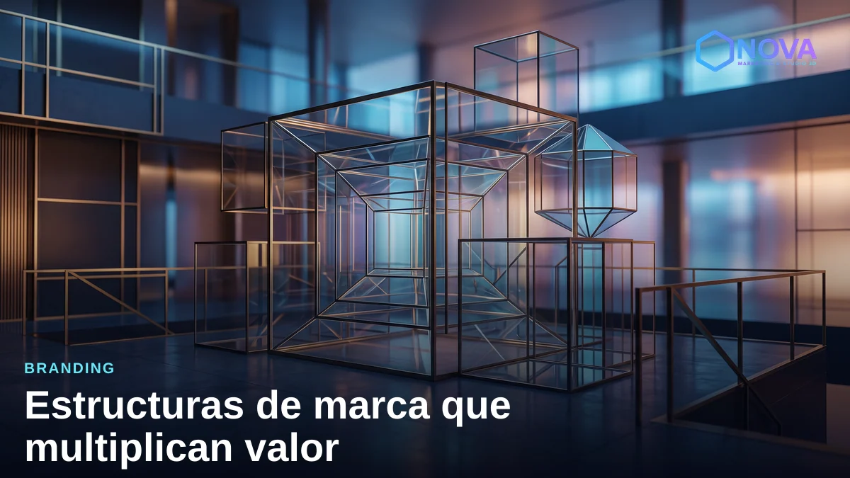 Estructura conceptual de módulos interconectados que representan la arquitectura de marcas de un holding