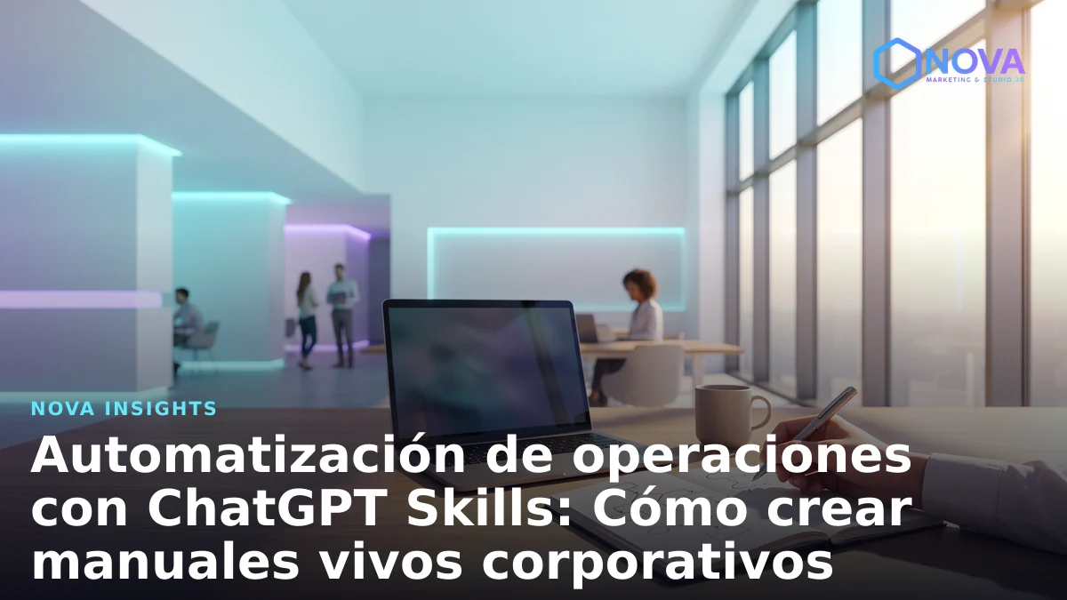 Escritorio de oficina moderno con laptop y esquemas de flujo operativo que representan la estandarización de procesos corporativos.