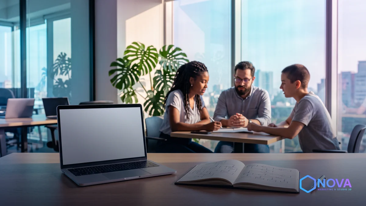 Espacio de trabajo moderno y minimalista con una computadora de desarrollo, un cuaderno con diagramas y luz natural cálida.