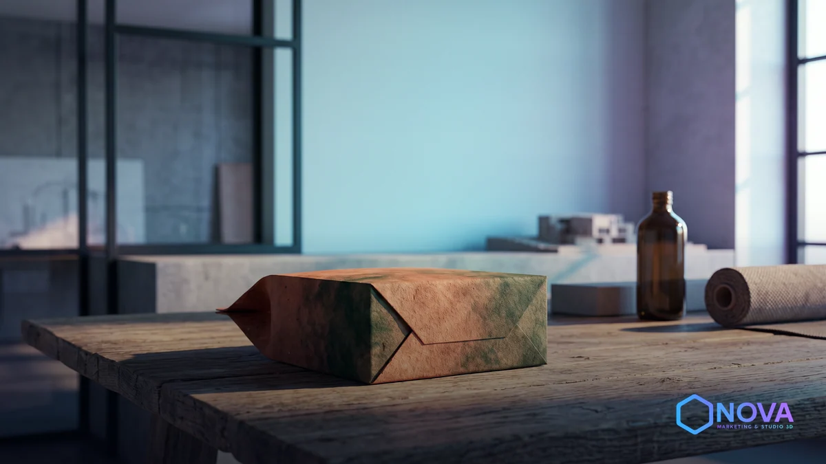 Empaque minimalista sobre una mesa de madera con luz de sol cálida, destacando texturas y colores tierra sin logotipos visibles.