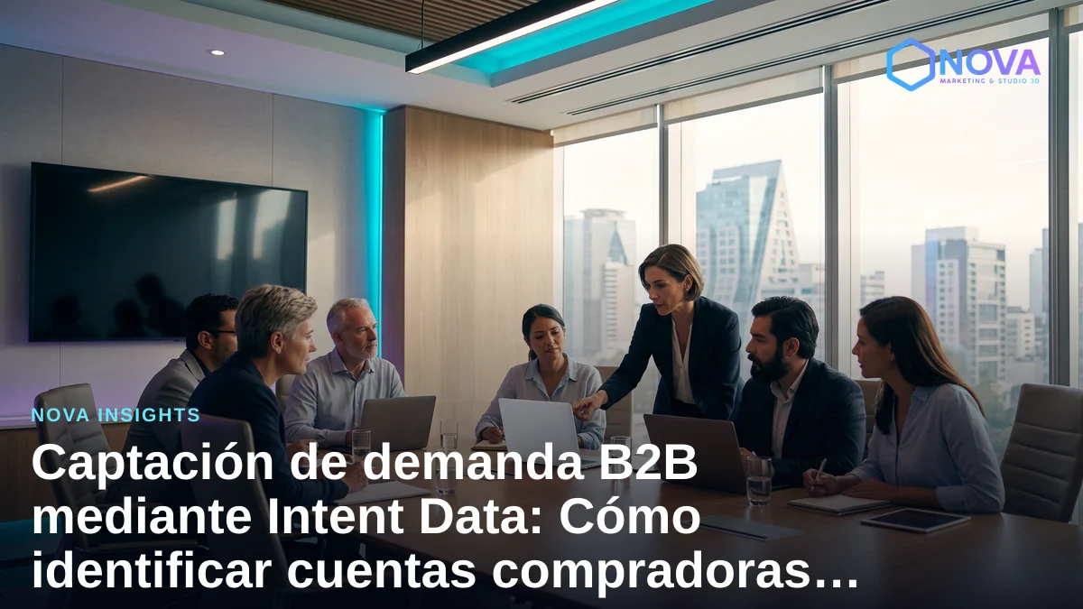 Ejecutivos B2B analizando estrategias de prospección e inteligencia de mercado en una sala de reuniones.