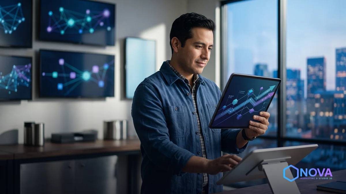 Un empresario mexicano revisando un plan de transformación digital en una tablet.