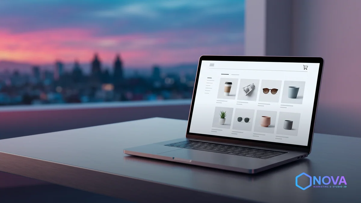 Una interfaz de sitio web de e-commerce en una laptop, con productos y un carrito de compras, con el fondo difuminado del paisaje urbano de la Ciudad de México al atardecer.