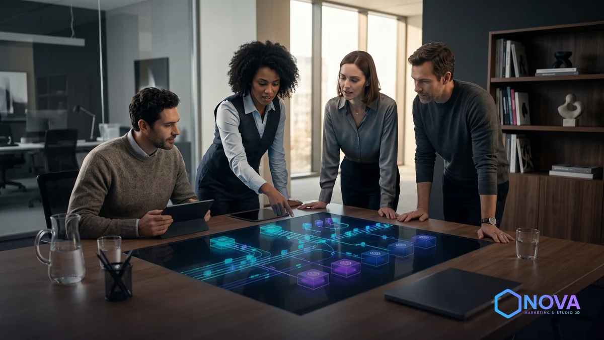 Ilustración abstracta de arquitectura de software que muestra el enrutamiento dinámico de datos hacia diferentes nodos de modelos de inteligencia artificial.