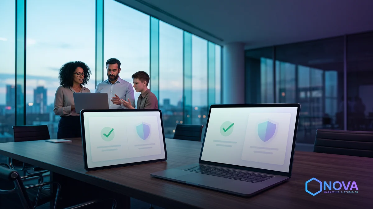 Una mesa de madera moderna con una laptop que muestra una interfaz limpia con símbolos de seguridad abstractos, proyectando confianza y protección de datos en un entorno corporativo elegante.
