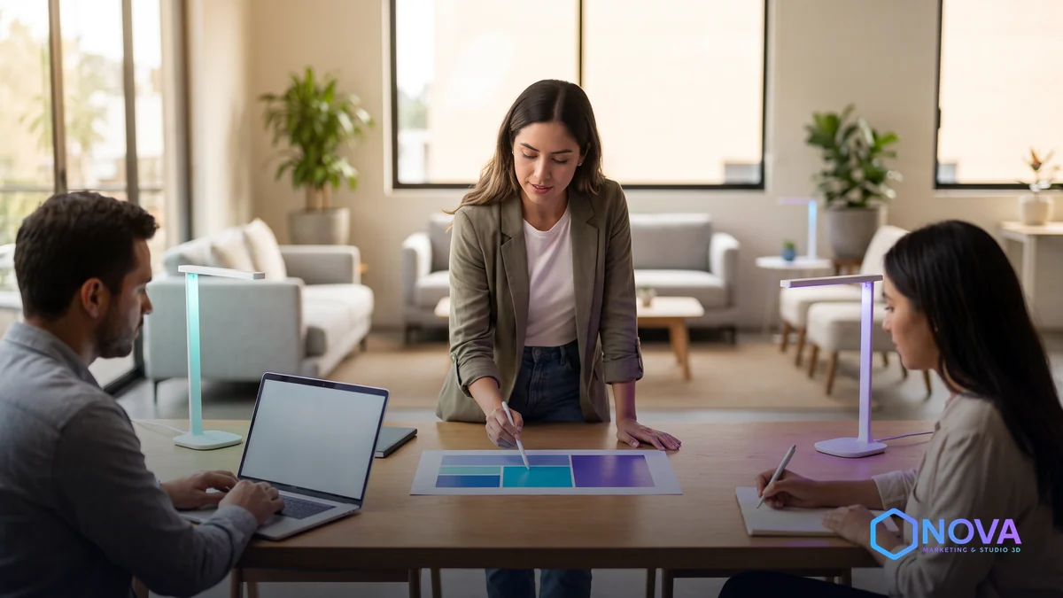 Estratega de marketing analizando mapas de afinidad de comunidades en un espacio de trabajo moderno.