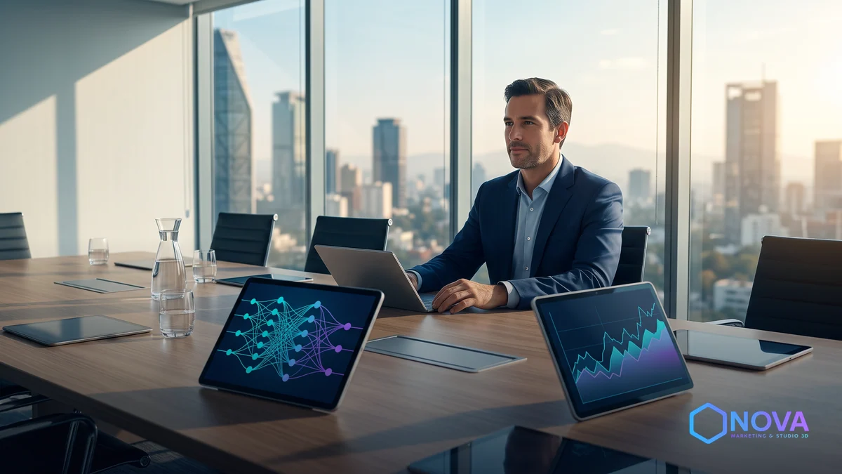 Una sala de juntas corporativa moderna con gráficos financieros y esquemas de red de inteligencia artificial sobre la mesa.