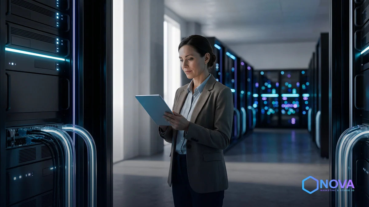 Sala de servidores moderna con iluminación tenue, que simboliza la transferencia ágil de datos y la eficiencia en la nube.