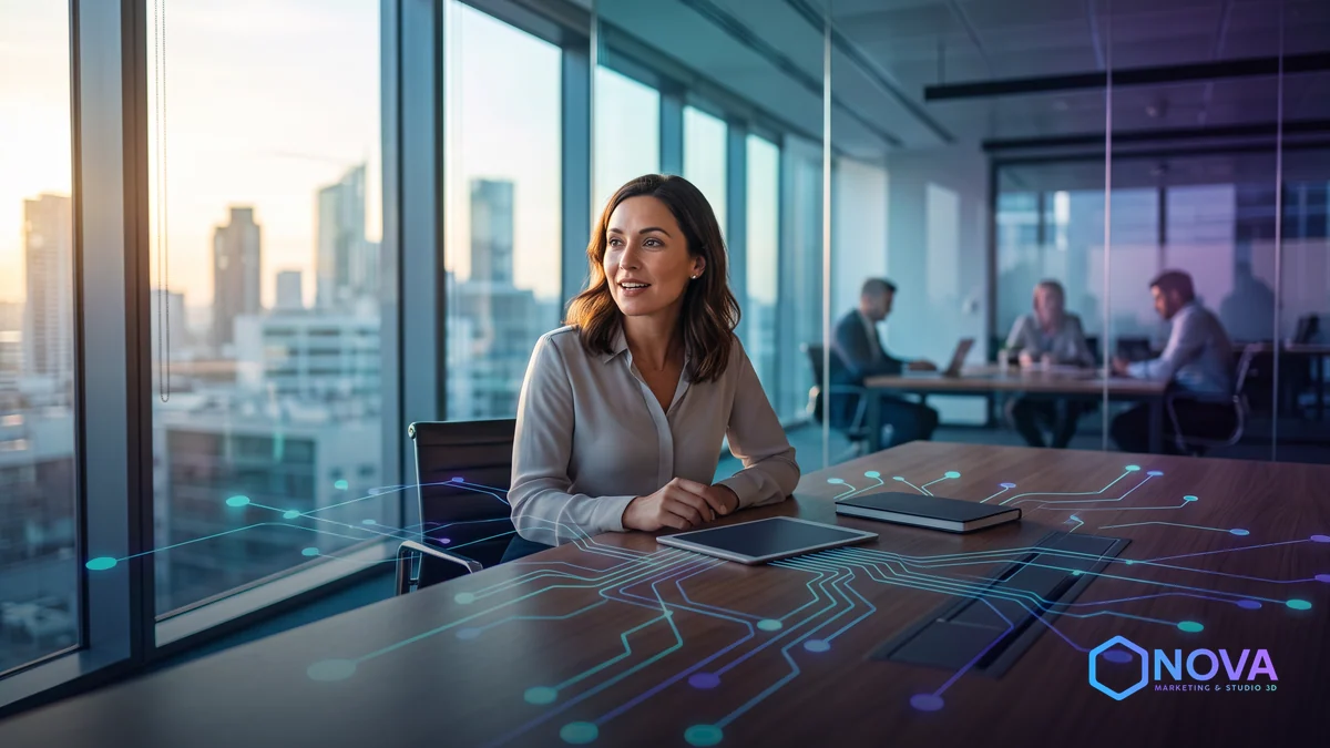 Representación visual de una red de conexiones digitales sobre una mesa de juntas moderna, simbolizando la integración y coordinación de sistemas.