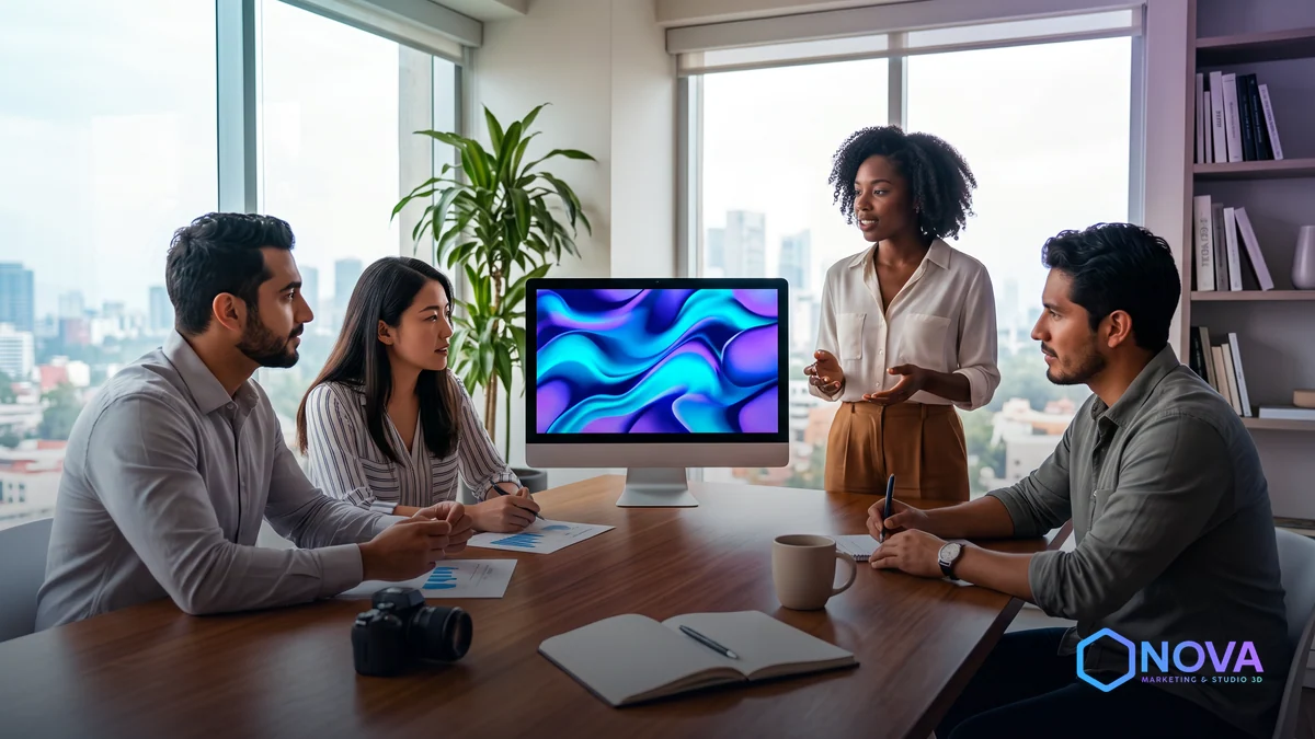 Espacio de trabajo creativo con monitor que muestra gráficos en movimiento y herramientas de diseño audiovisual profesional.