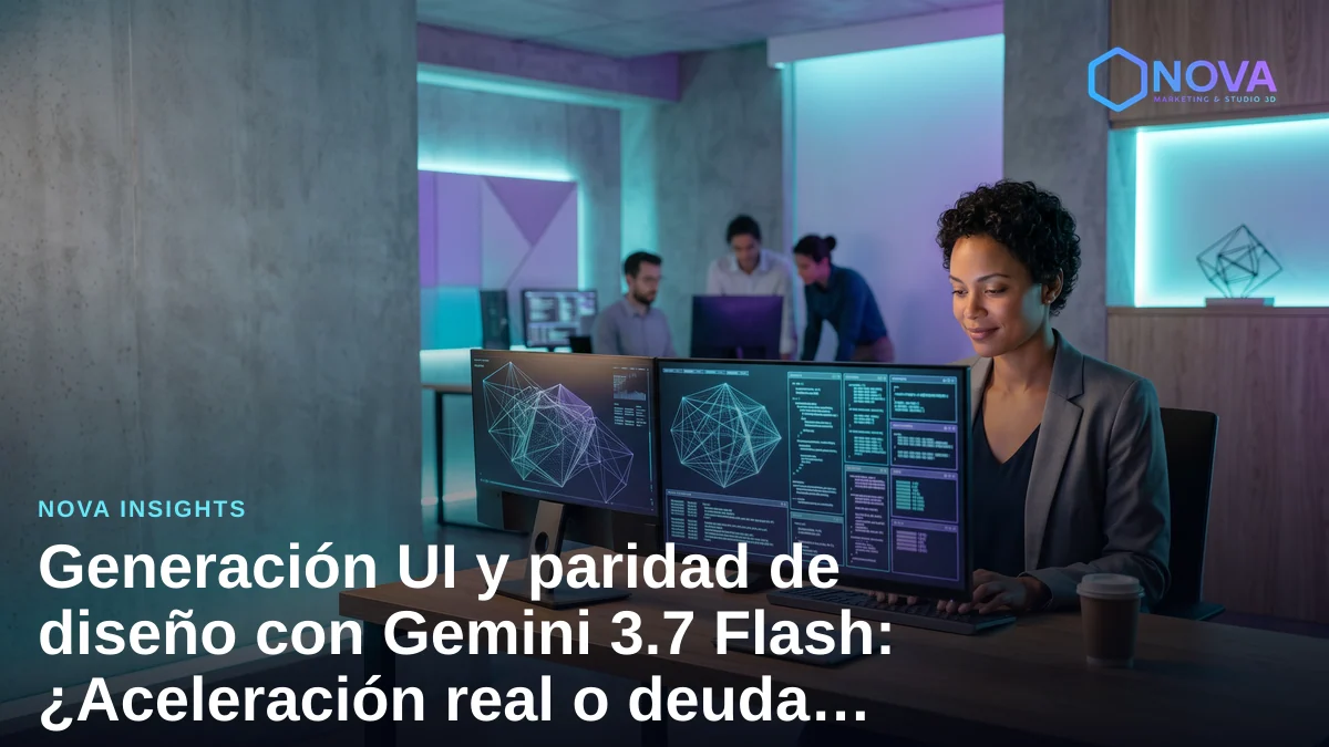 Estudio de desarrollo web con pantallas de alta resolución mostrando wireframes geométricos y código frontend en un entorno moderno.