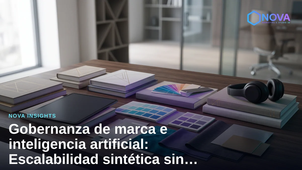 Mesa de trabajo profesional con paletas de color, manuales de marca y herramientas de diseño visual.