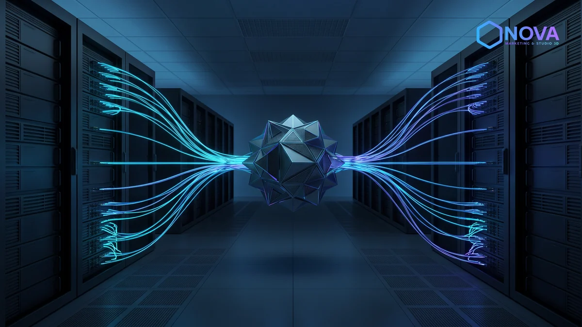 Visualización abstracta de una arquitectura de procesamiento neuronal en un centro de datos moderno