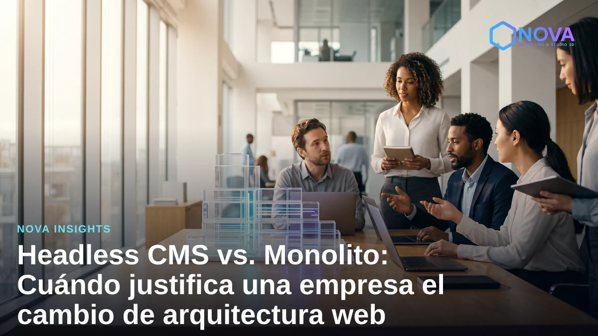 Modelo conceptual de arquitectura web sobre un escritorio ejecutivo de madera.