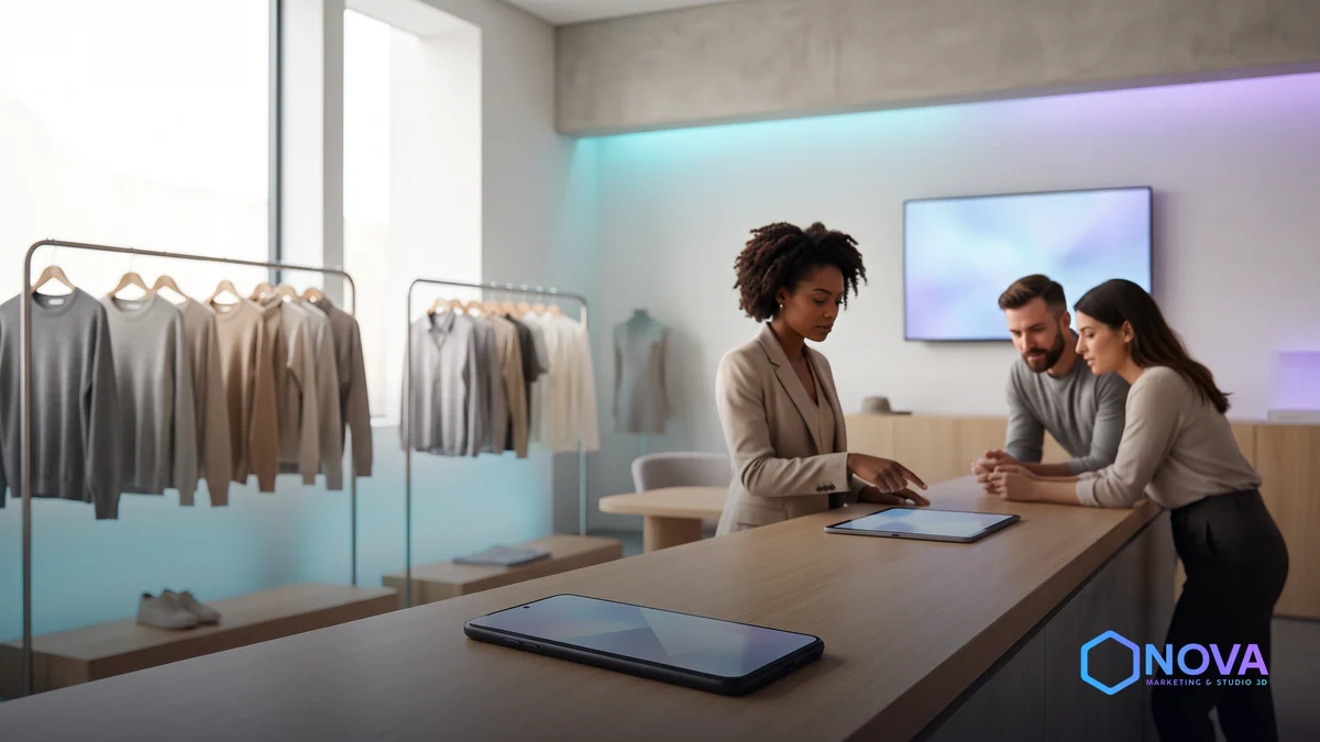 Showroom de retail moderno que fusiona elementos físicos y digitales con un teléfono inteligente en primer plano mostrando una interfaz de compra minimalista.