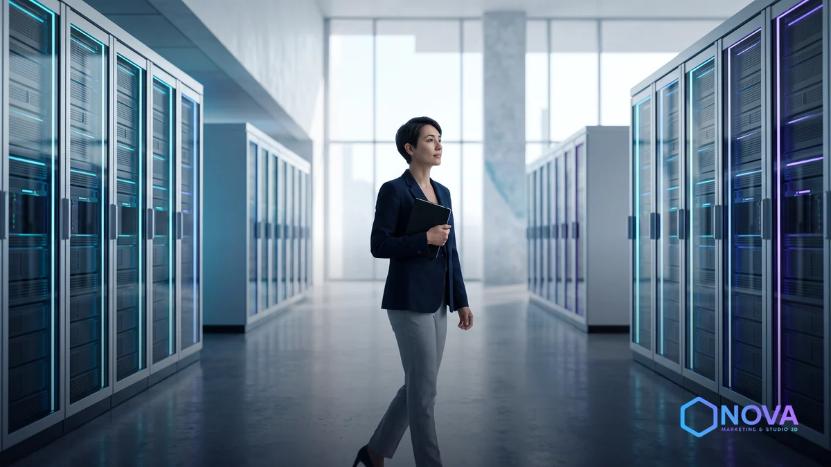 Un centro de datos moderno con iluminación sutil, que representa la seguridad y privacidad de la inteligencia artificial en la nube para empresas.