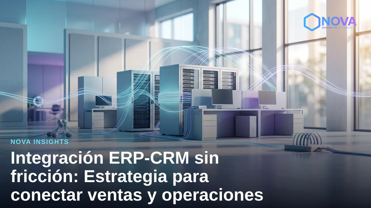 Diagrama conceptual abstracto de integración de sistemas ERP y CRM mediante flujo de datos fluido.