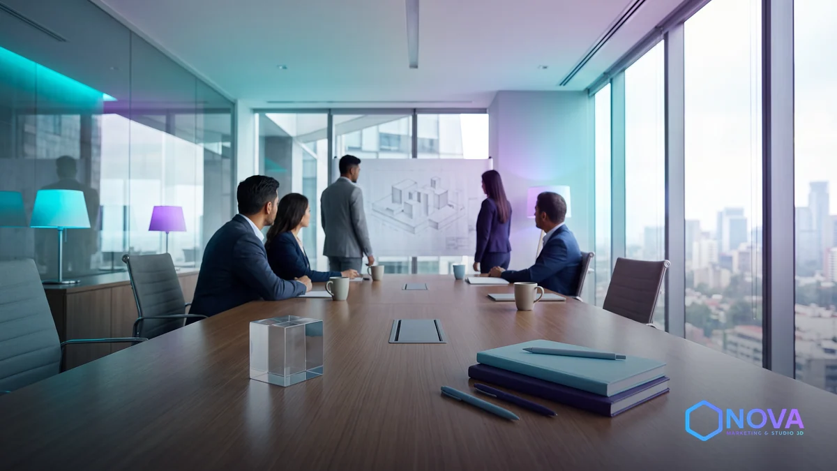 Profesionales de negocios colaborando en una sala de juntas moderna, enfocados en la planeación estratégica.