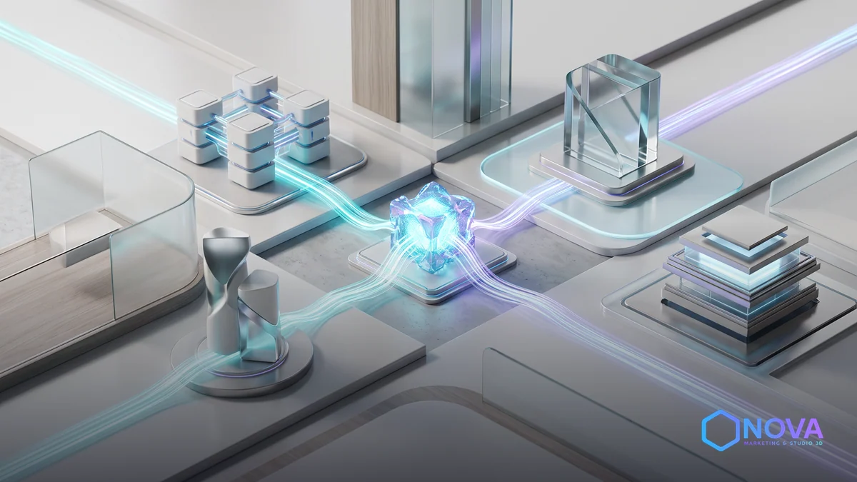 Ilustración conceptual de una arquitectura de IA agéntica integrada, mostrando conexiones seguras entre un núcleo inteligente y bases de datos empresariales.