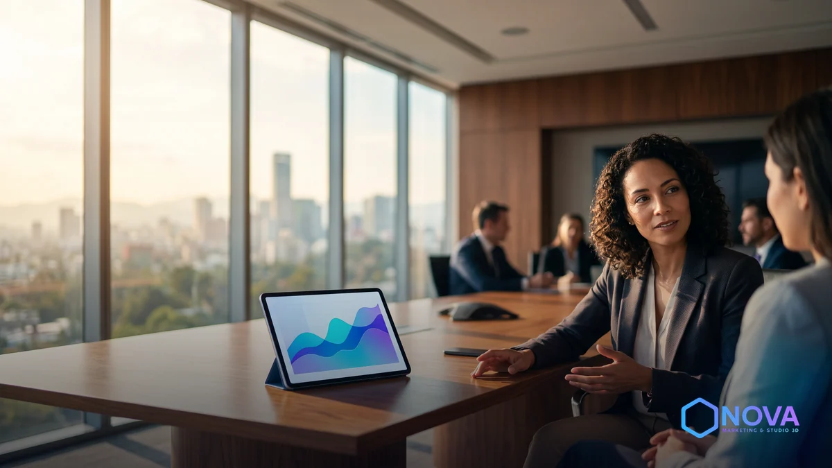 Líderes de negocios en una sala de juntas moderna analizando datos estratégicos para la adopción de tecnología.