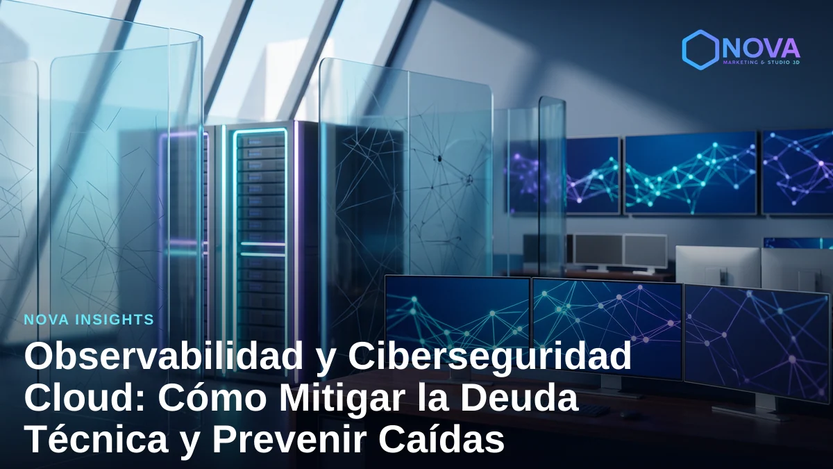 Vista editorial de un entorno de operaciones de infraestructura cloud y análisis de datos.