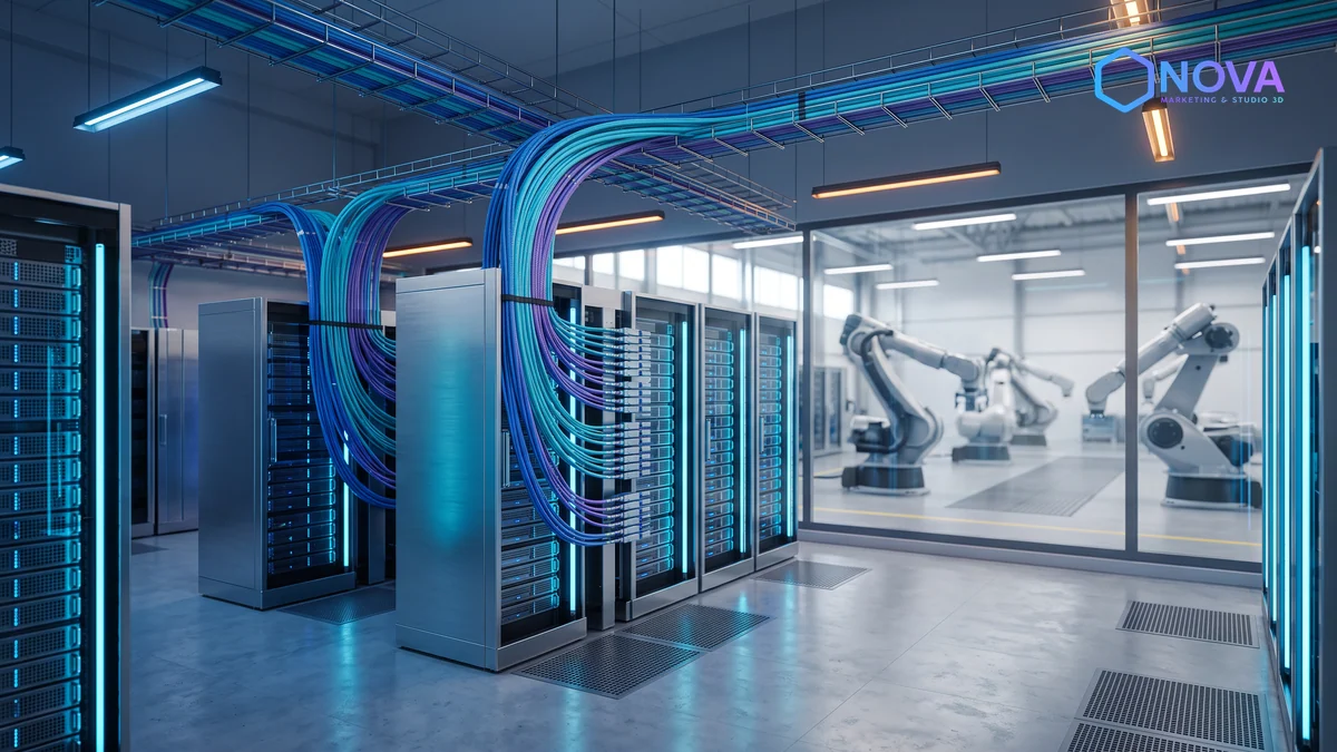 Servidores de computación edge y líneas de ensamblaje industrial en una planta de manufactura moderna.