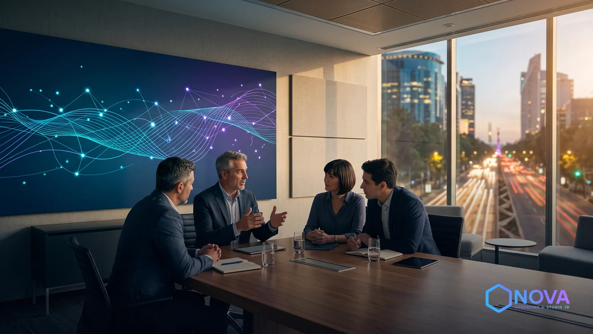 Líderes de negocios en una sala de juntas moderna en la Ciudad de México discutiendo estrategias de gobernanza tecnológica.