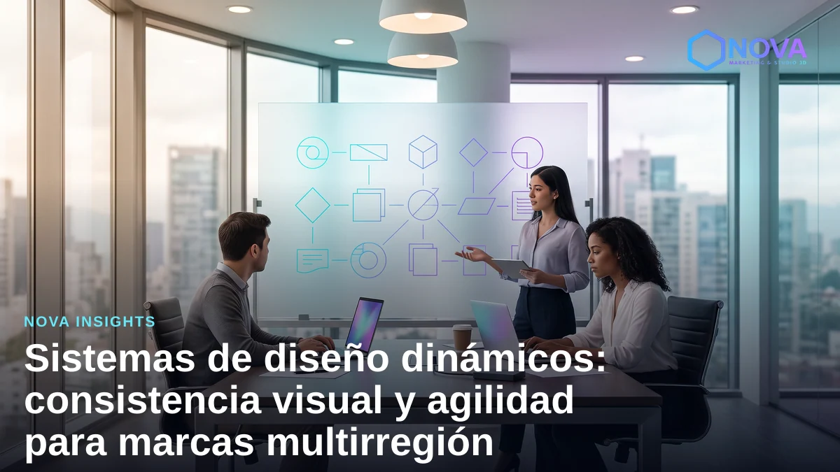Diseñadores y desarrolladores colaborando en una mesa de trabajo sobre la arquitectura de un sistema de diseño digital.