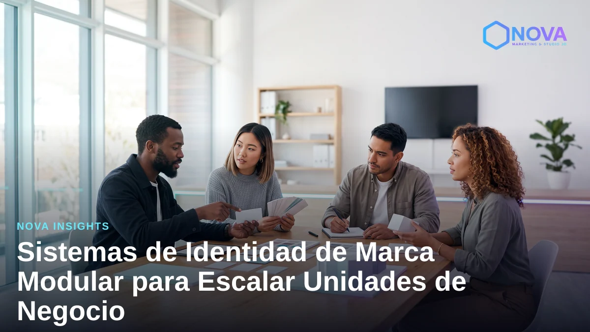 Mesa de trabajo de diseño con muestras de color, tipografía y tarjetas modulares de identidad corporativa.